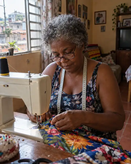Costureira trabalhando na máquina de costura, na sala de casa.